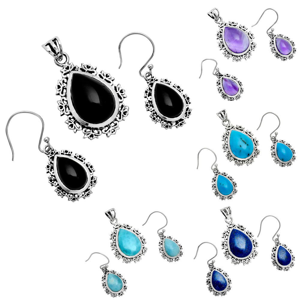 Natural Gemstone Teardrop Pendant and Earrings Set 925 Sterling Silver AGT1008 T-1018