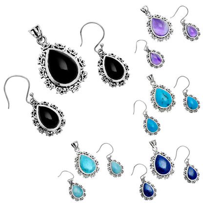 Natural Gemstone Teardrop Pendant and Earrings Set 925 Sterling Silver AGT1008 T-1018