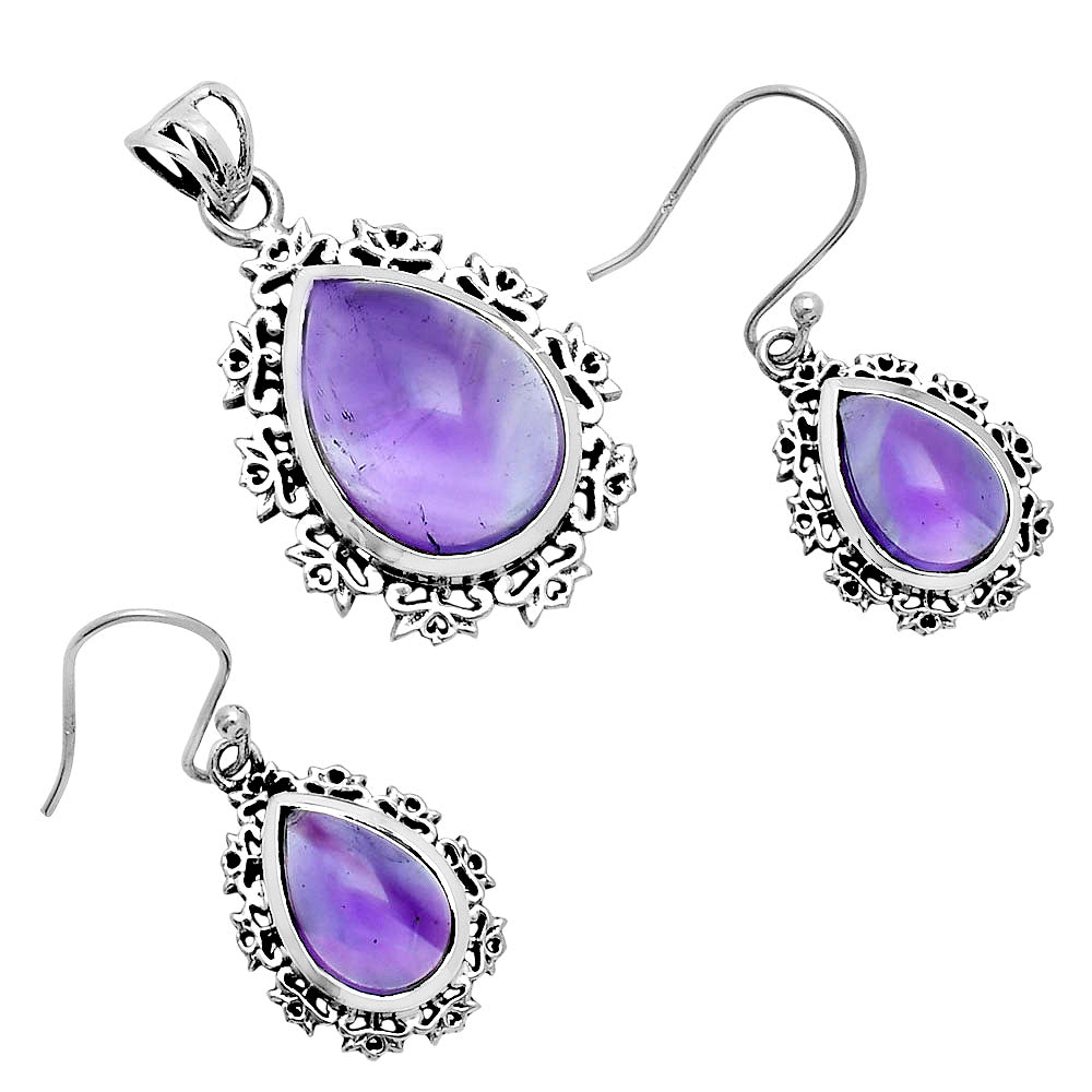 Natural Gemstone Teardrop Pendant and Earrings Set 925 Sterling Silver AGT1008 T-1018