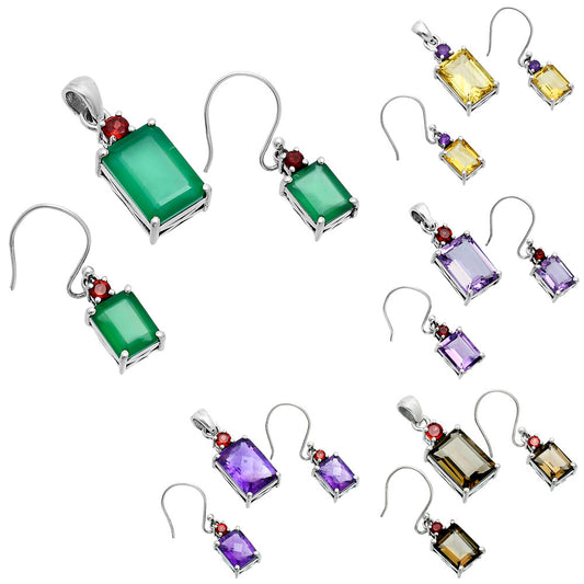 Faceted Rectangle Pendant Earrings Jewelry Set 925 Sterling Silver AGT1009 T-1019