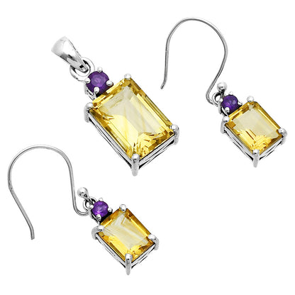 Faceted Rectangle Pendant Earrings Jewelry Set 925 Sterling Silver AGT1009 T-1019