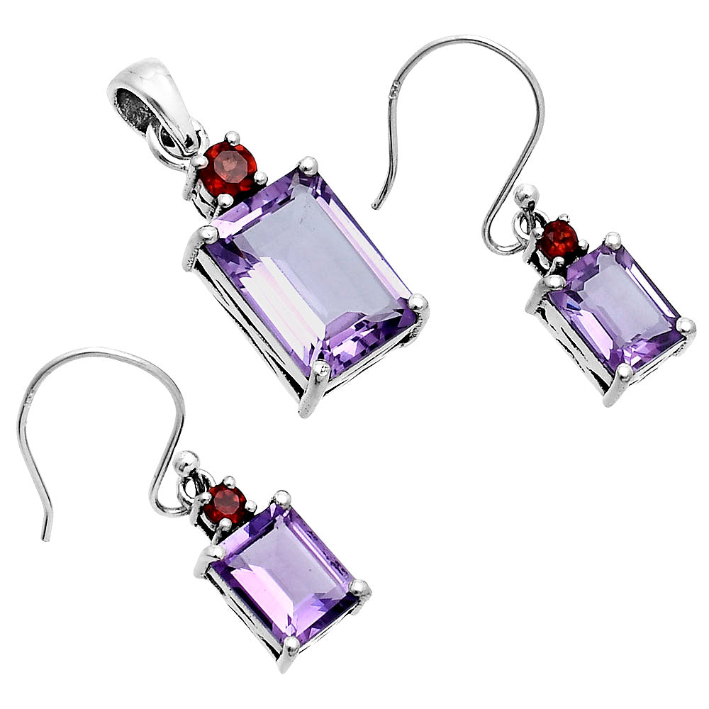 Faceted Rectangle Pendant Earrings Jewelry Set 925 Sterling Silver AGT1009 T-1019