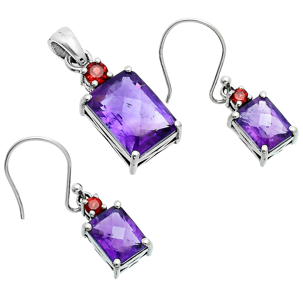 Faceted Rectangle Pendant Earrings Jewelry Set 925 Sterling Silver AGT1009 T-1019