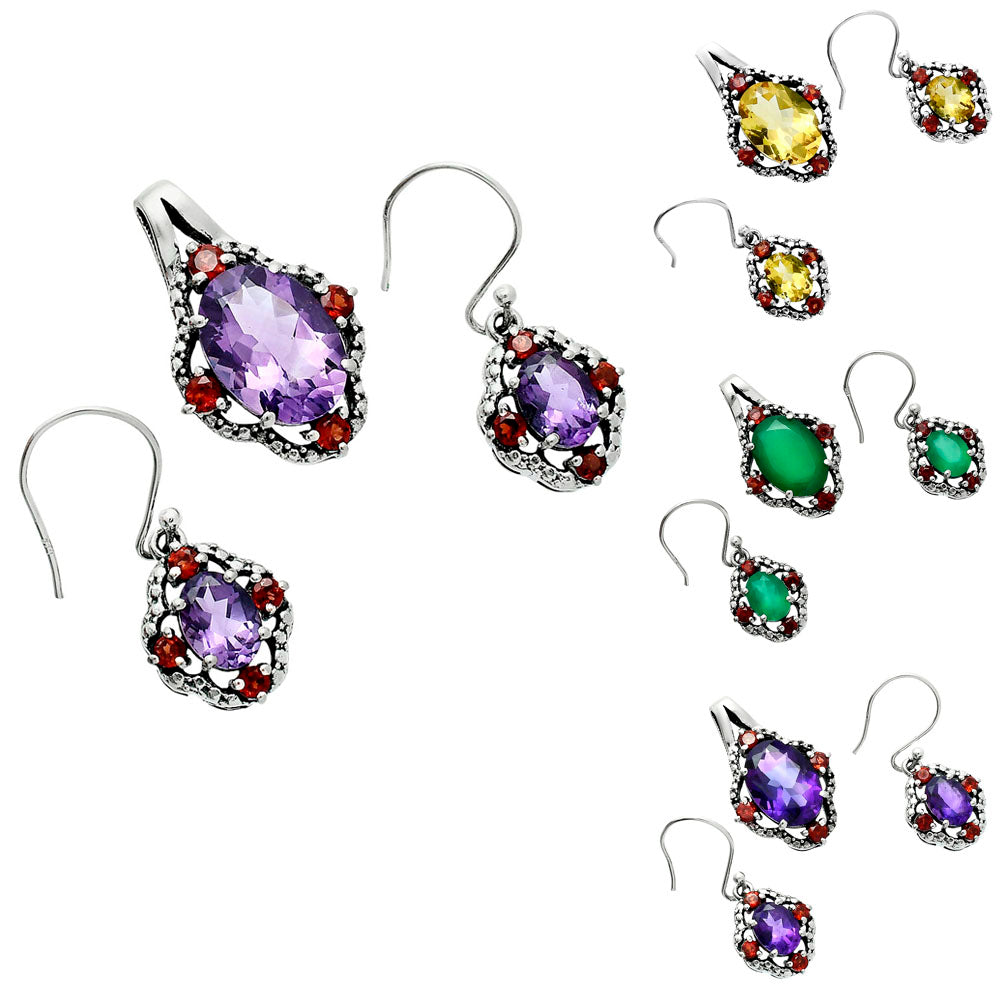 Oval Gemstone with Garnet Pendant Earrings Set 925 Sterling Silver AGT1010 T-1020