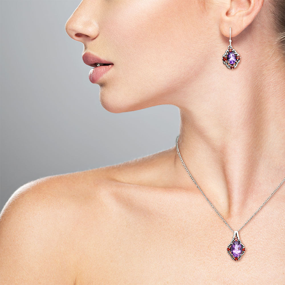 Oval Gemstone with Garnet Pendant Earrings Set 925 Sterling Silver AGT1010 T-1020