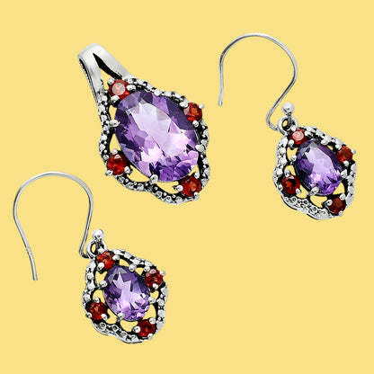 Oval Gemstone with Garnet Pendant Earrings Set 925 Sterling Silver AGT1010 T-1020