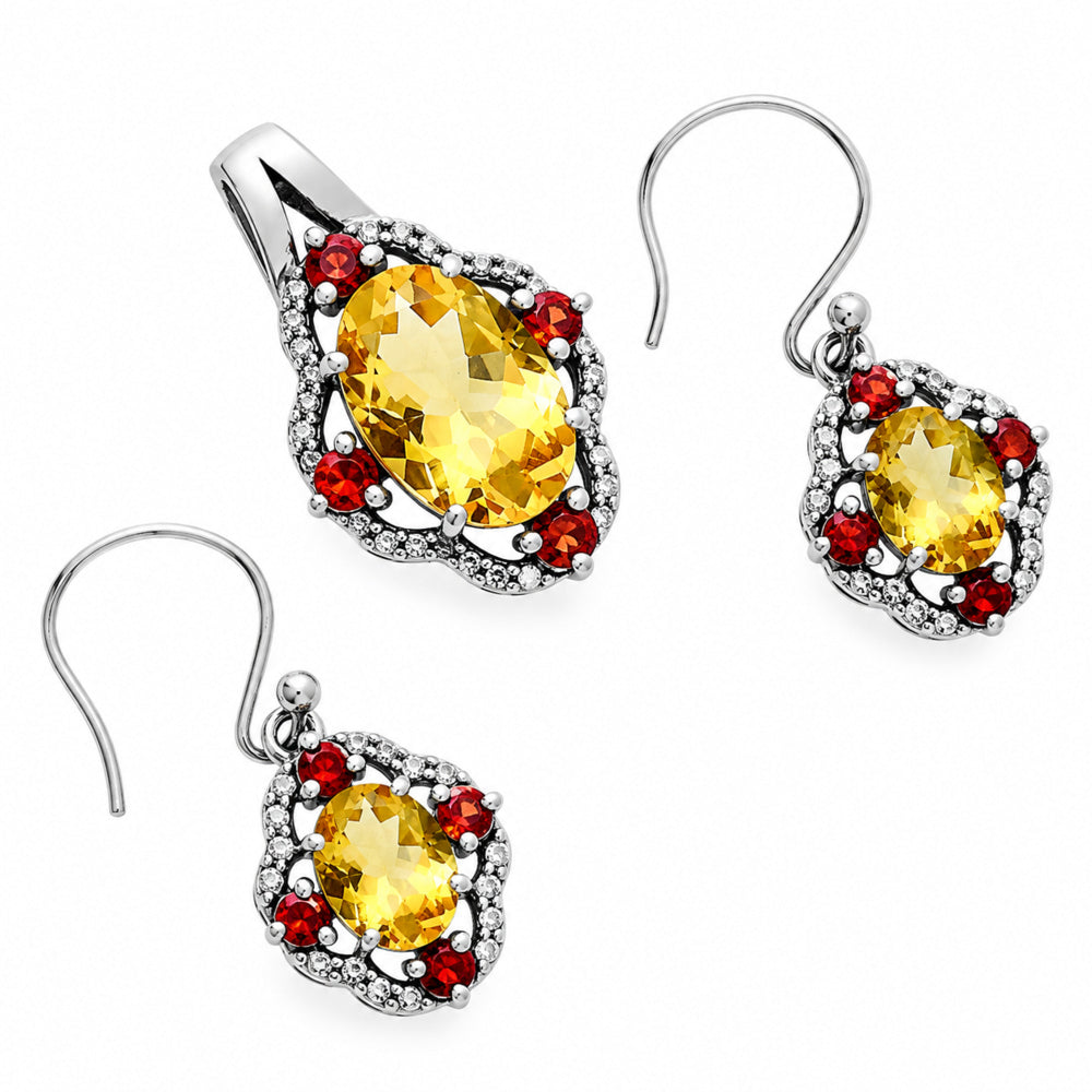 Oval Gemstone with Garnet Pendant Earrings Set 925 Sterling Silver AGT1010 T-1020