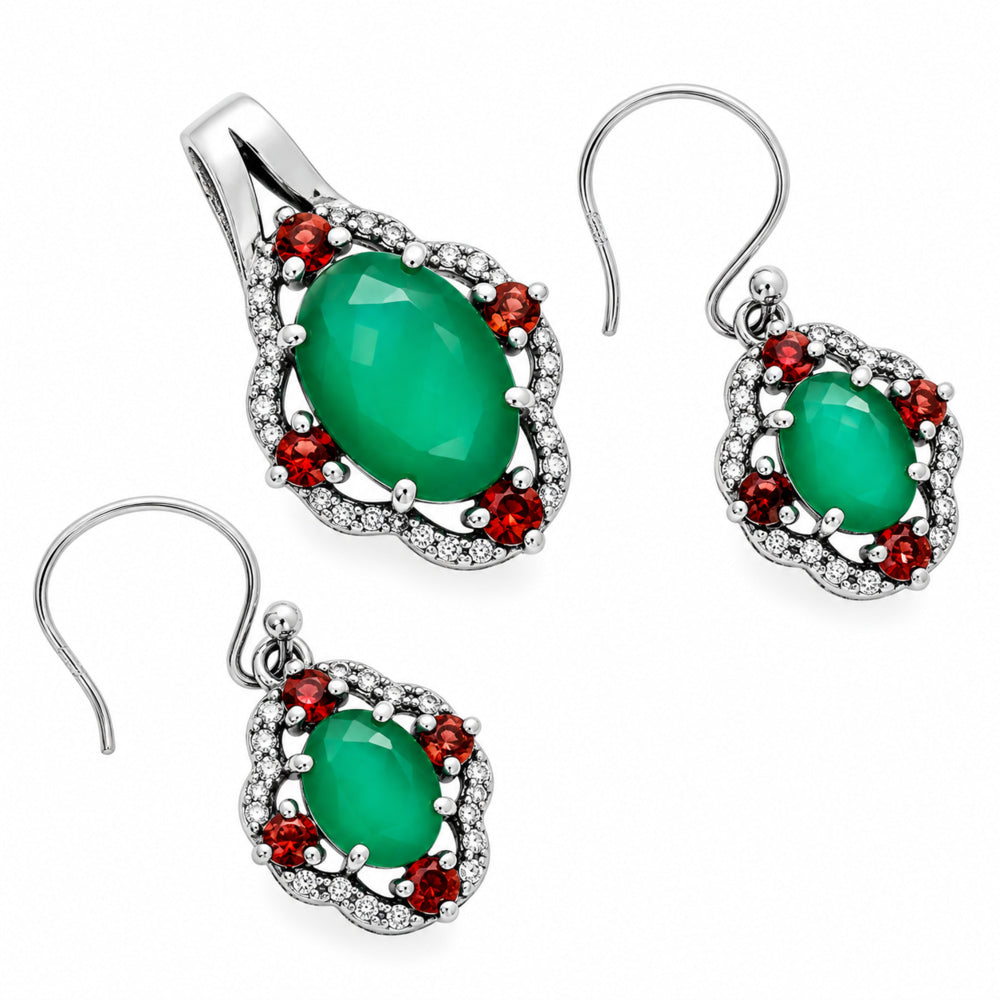 Oval Gemstone with Garnet Pendant Earrings Set 925 Sterling Silver AGT1010 T-1020