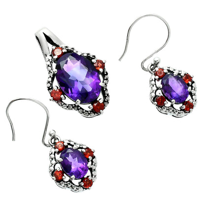 Oval Gemstone with Garnet Pendant Earrings Set 925 Sterling Silver AGT1010 T-1020