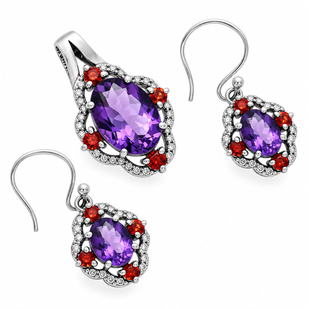 Oval Gemstone with Garnet Pendant Earrings Set 925 Sterling Silver AGT1010 T-1020
