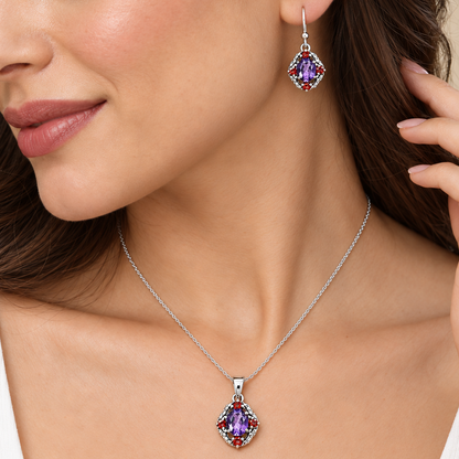 Oval Gemstone with Garnet Pendant Earrings Set 925 Sterling Silver AGT1010 T-1020