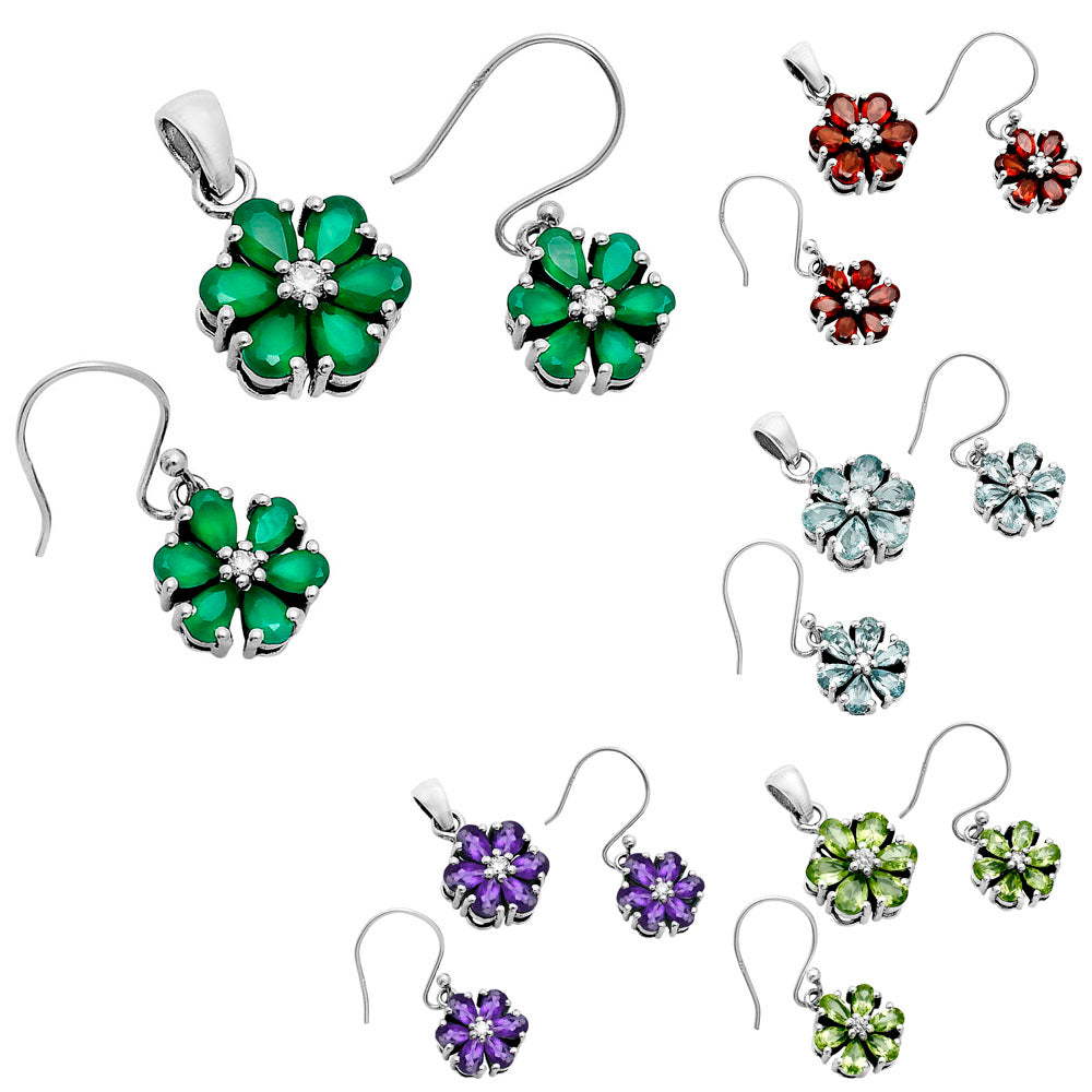 Multi-Gemstone Flower Pendant Earrings Jewelry Set 925 Sterling Silver AGT1011 T-1021