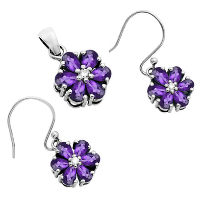 Multi-Gemstone Flower Pendant Earrings Jewelry Set 925 Sterling Silver AGT1011 T-1021