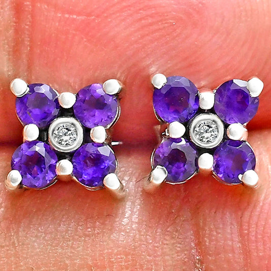 African Amethyst and White Zircon Stud Earrings T-1022 AGTE1012_C
