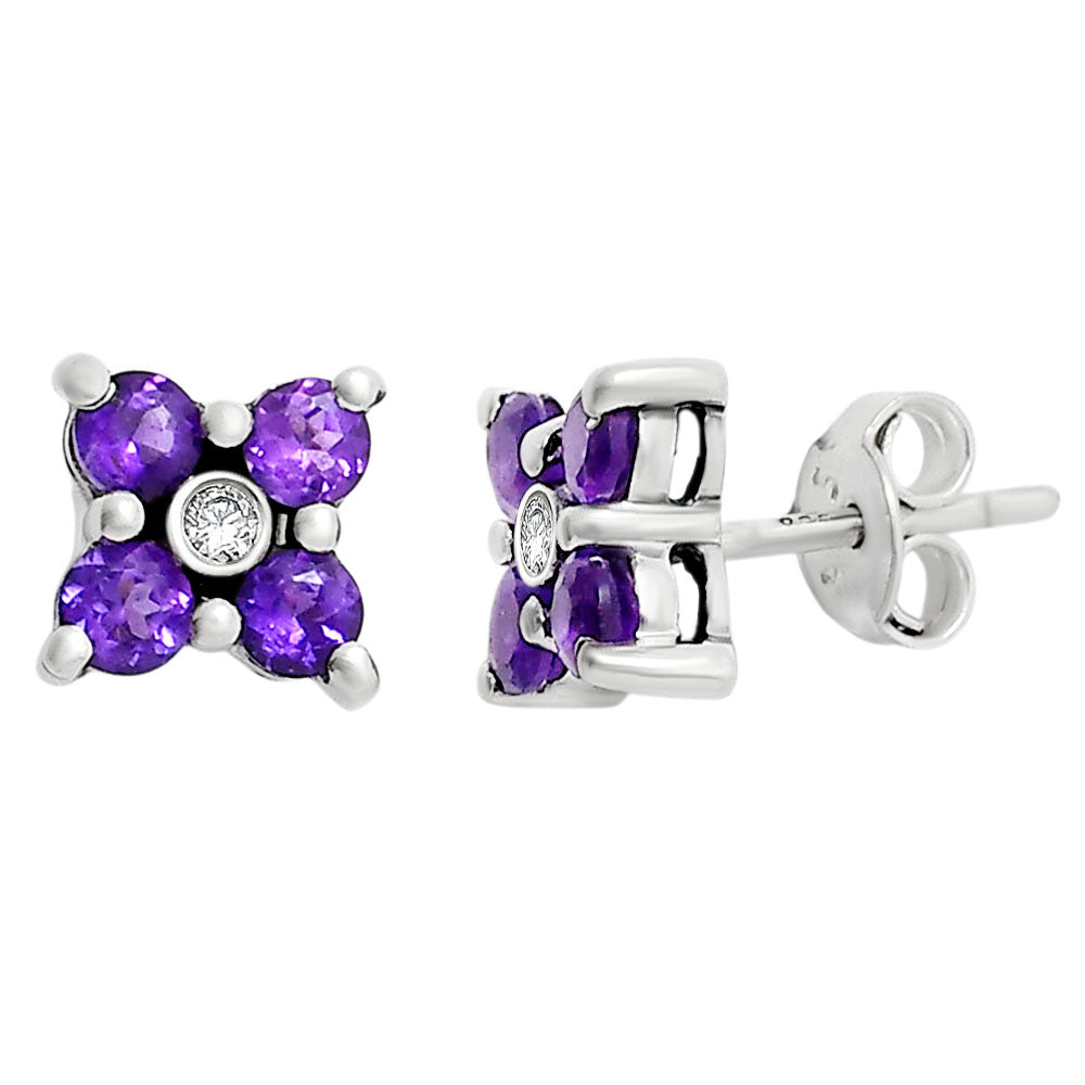 African Amethyst and White Zircon Stud Earrings T-1022 AGTE1012_C