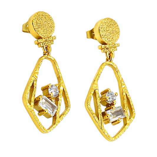 Designer 18K Gold Plated Geometric White Crystal Statement Earrings BIE1053_A