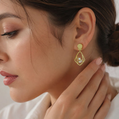 Designer 18K Gold Plated Geometric White Crystal Statement Earrings BIE1053_A
