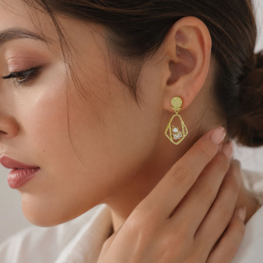Designer 18K Gold Plated Geometric White Crystal Statement Earrings BIE1053_A