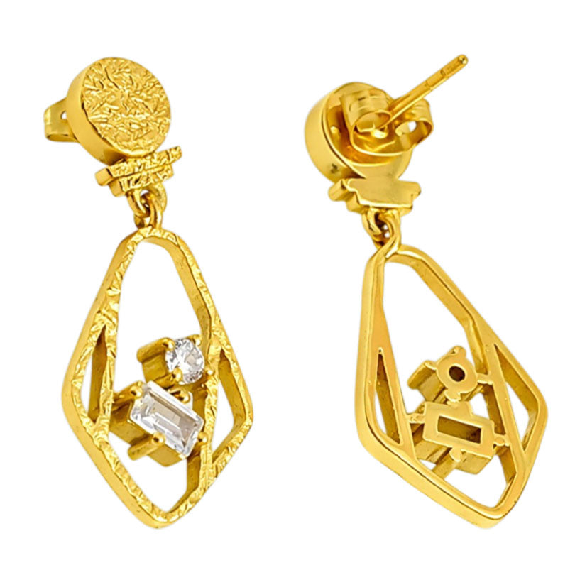 Designer 18K Gold Plated Geometric White Crystal Statement Earrings BIE1053_A