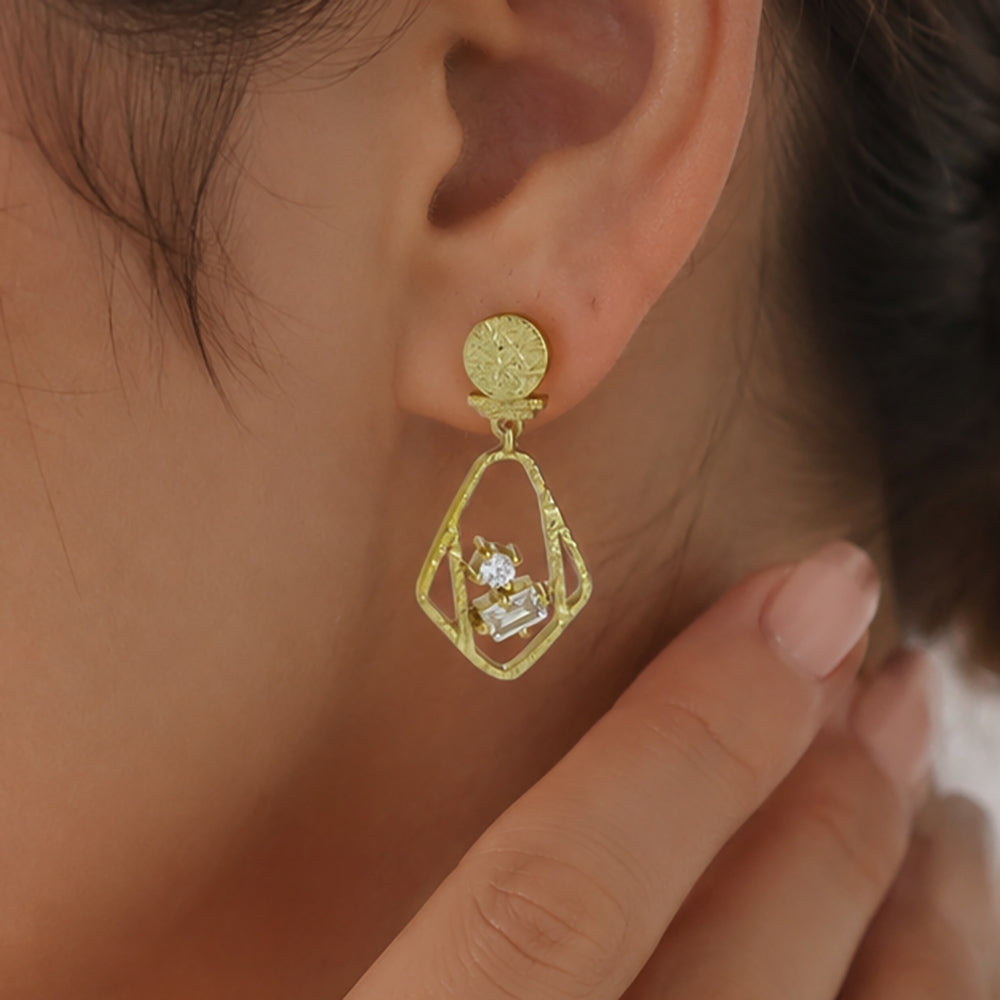 Designer 18K Gold Plated Geometric White Crystal Statement Earrings BIE1053_A