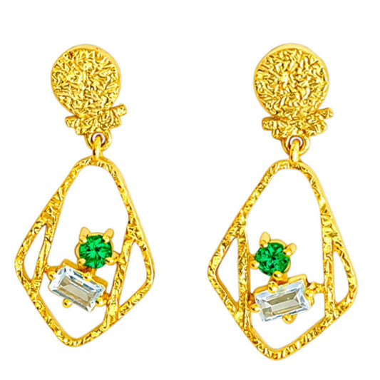 18K Gold Plated Geometric White & Green Crystal Statement Earrings BIE1053_B