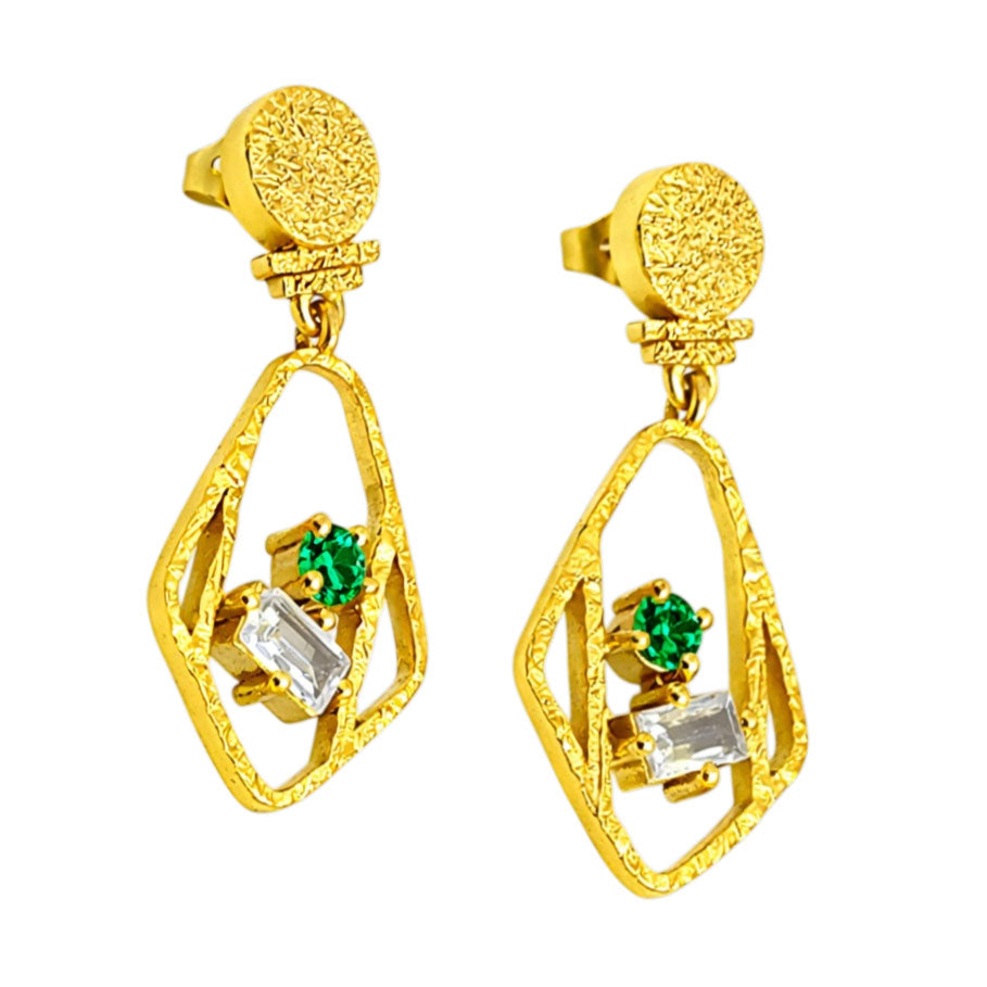 18K Gold Plated Geometric White & Green Crystal Statement Earrings BIE1053_B
