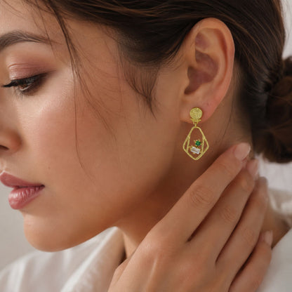 18K Gold Plated Geometric White & Green Crystal Statement Earrings BIE1053_B