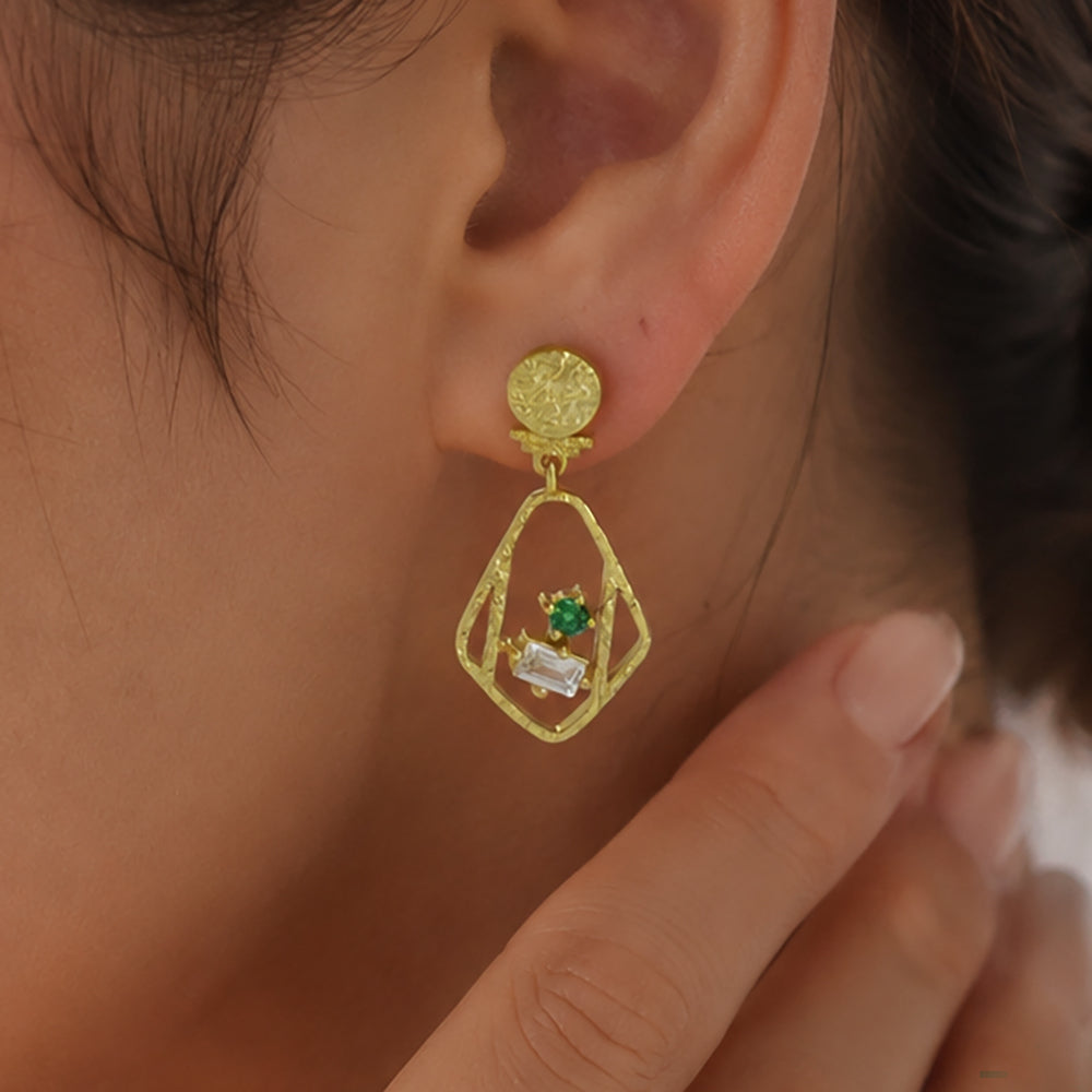 18K Gold Plated Geometric White & Green Crystal Statement Earrings BIE1053_B