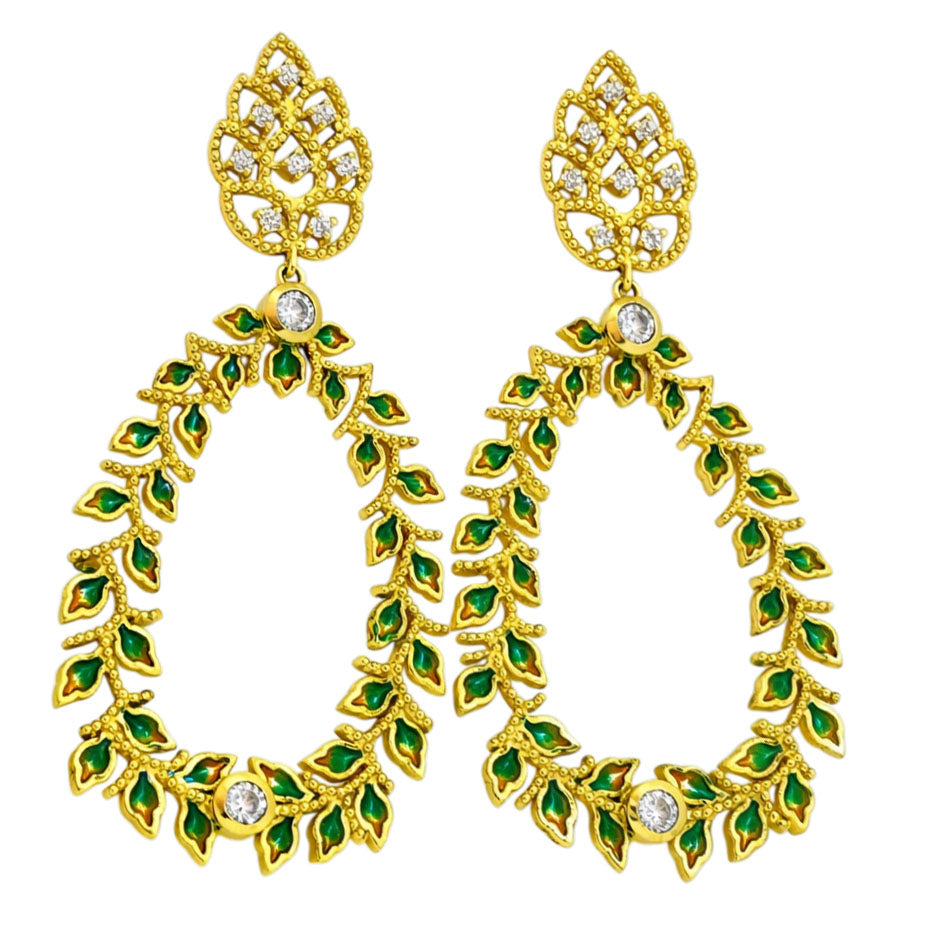 18K Gold Plated Green Enamel Leaf Design White Crystal Hoop Earrings BIE1054_A