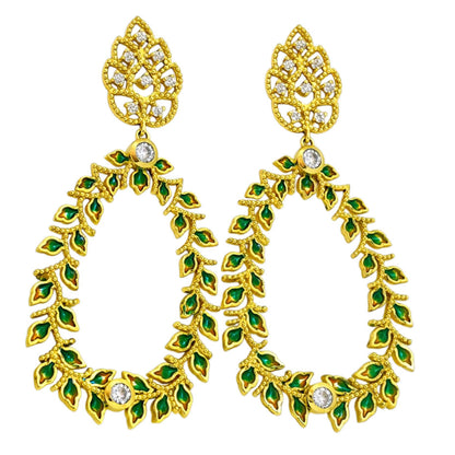 18K Gold Plated Green Enamel Leaf Design White Crystal Hoop Earrings BIE1054_A