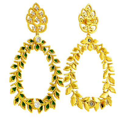 18K Gold Plated Green Enamel Leaf Design White Crystal Hoop Earrings BIE1054_A