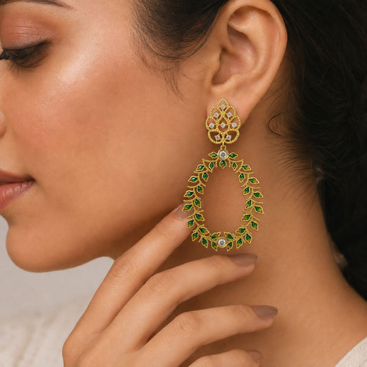 18K Gold Plated Green Enamel Leaf Design White Crystal Hoop Earrings BIE1054_A