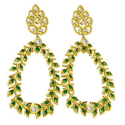 18K Gold Plated Green Enamel Leaf Design White Crystal Hoop Earrings BIE1054_A
