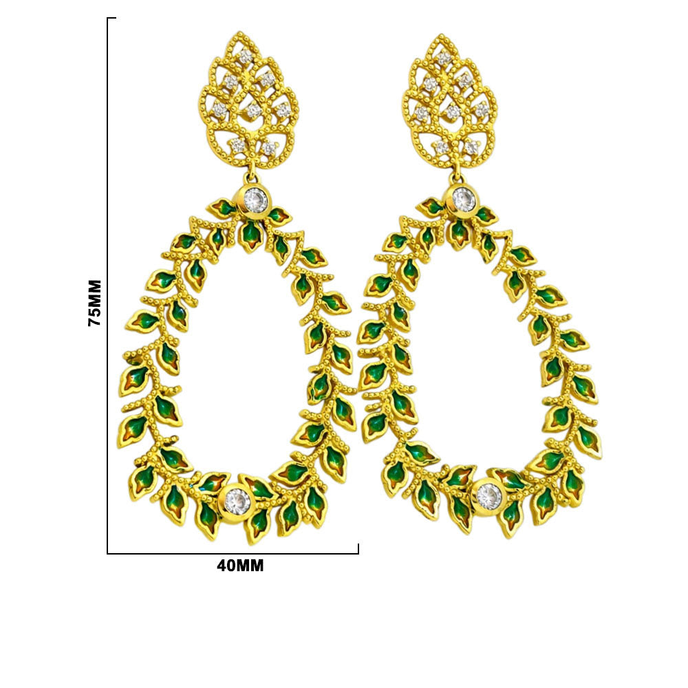 18K Gold Plated Green Enamel Leaf Design White Crystal Hoop Earrings BIE1054_A