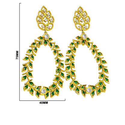 18K Gold Plated Green Enamel Leaf Design White Crystal Hoop Earrings BIE1054_A