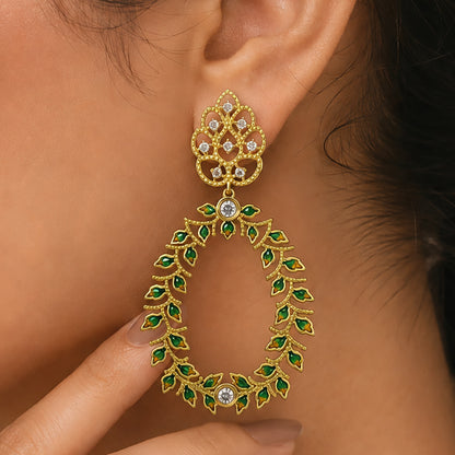 18K Gold Plated Green Enamel Leaf Design White Crystal Hoop Earrings BIE1054_A