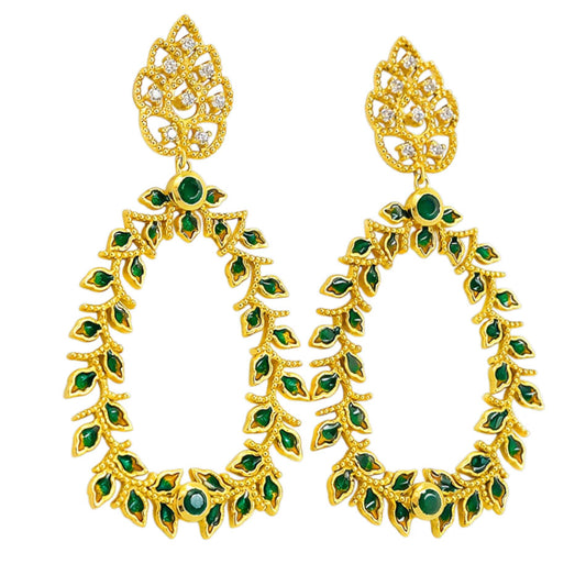 18K Gold Plated Green Enamel Leaf Design Green Crystal Hoop Earrings BIE1054_B
