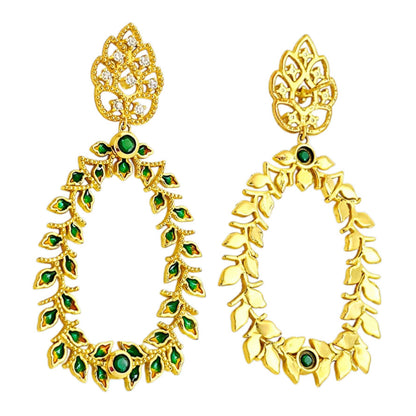 18K Gold Plated Green Enamel Leaf Design Green Crystal Hoop Earrings BIE1054_B