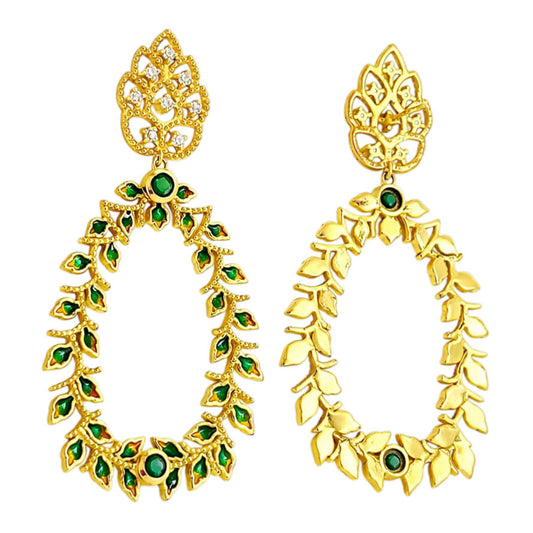 18K Gold Plated Green Enamel Leaf Design Green Crystal Hoop Earrings BIE1054_B