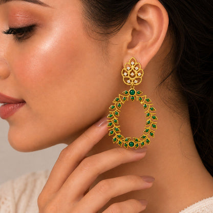 18K Gold Plated Green Enamel Leaf Design Green Crystal Hoop Earrings BIE1054_B