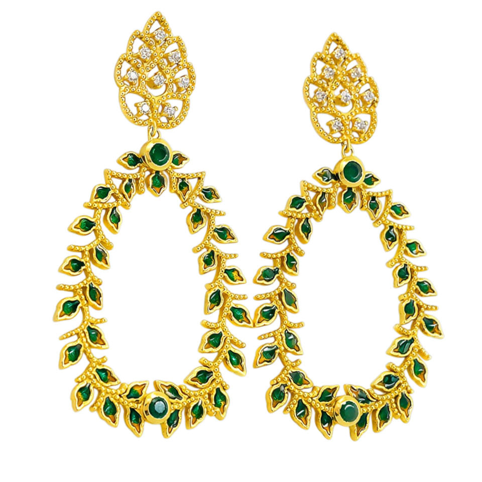 18K Gold Plated Green Enamel Leaf Design Green Crystal Hoop Earrings BIE1054_B