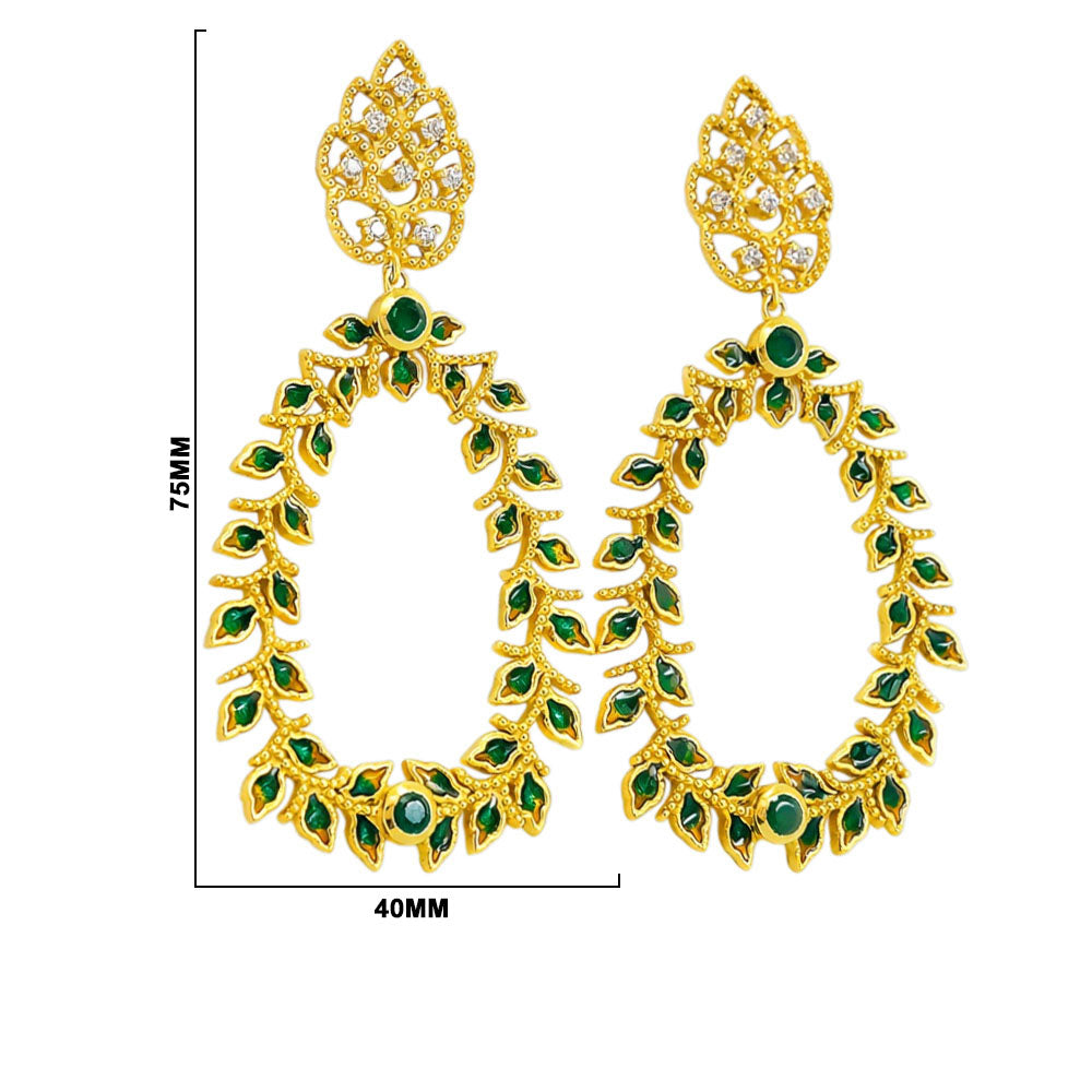 18K Gold Plated Green Enamel Leaf Design Green Crystal Hoop Earrings BIE1054_B