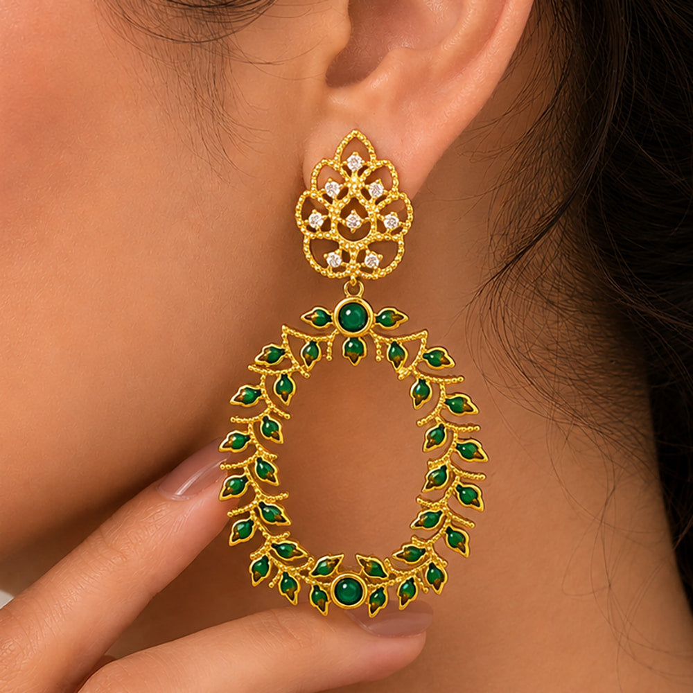 18K Gold Plated Green Enamel Leaf Design Green Crystal Hoop Earrings BIE1054_B