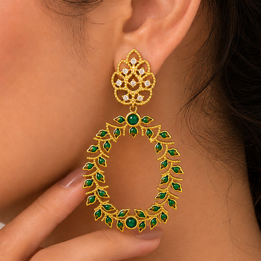 18K Gold Plated Green Enamel Leaf Design Green Crystal Hoop Earrings BIE1054_B