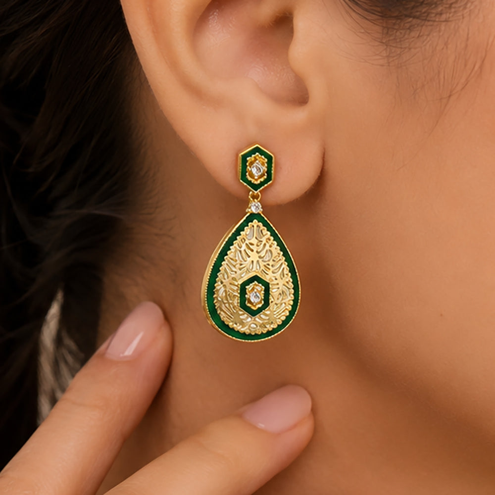 Elegant 18K Gold Plated Green Enamel Meenakari Designer Dangle Earring BIE1055_A