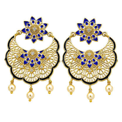 Elegant 18K Gold Plated Blue Enamel Pearl Chandbali Earrings BIE1057_A