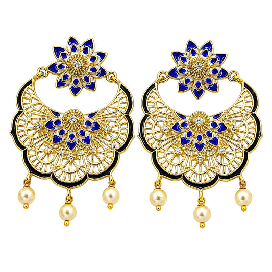 Elegant 18K Gold Plated Blue Enamel Pearl Chandbali Earrings BIE1057_A