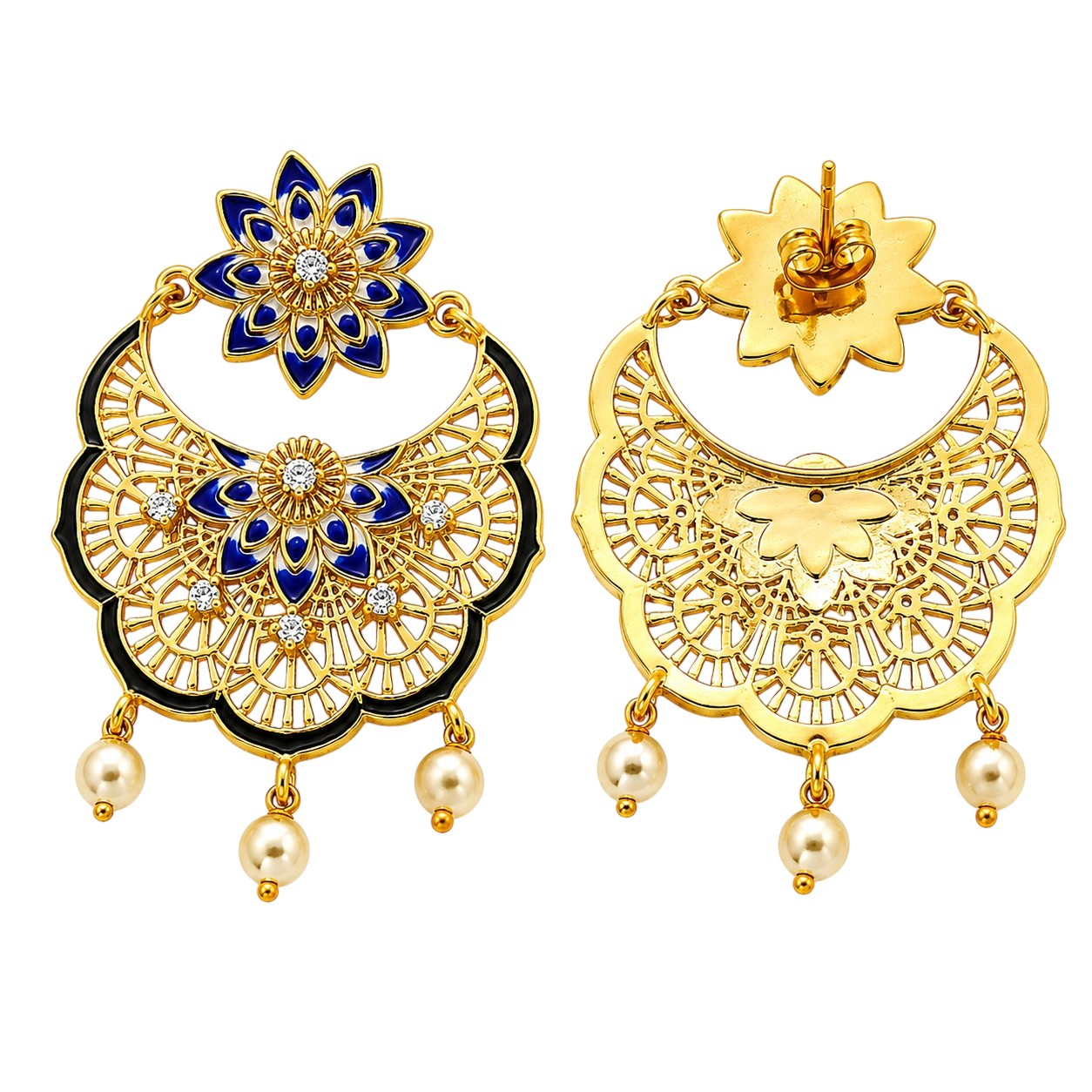 Elegant 18K Gold Plated Blue Enamel Pearl Chandbali Earrings BIE1057_A