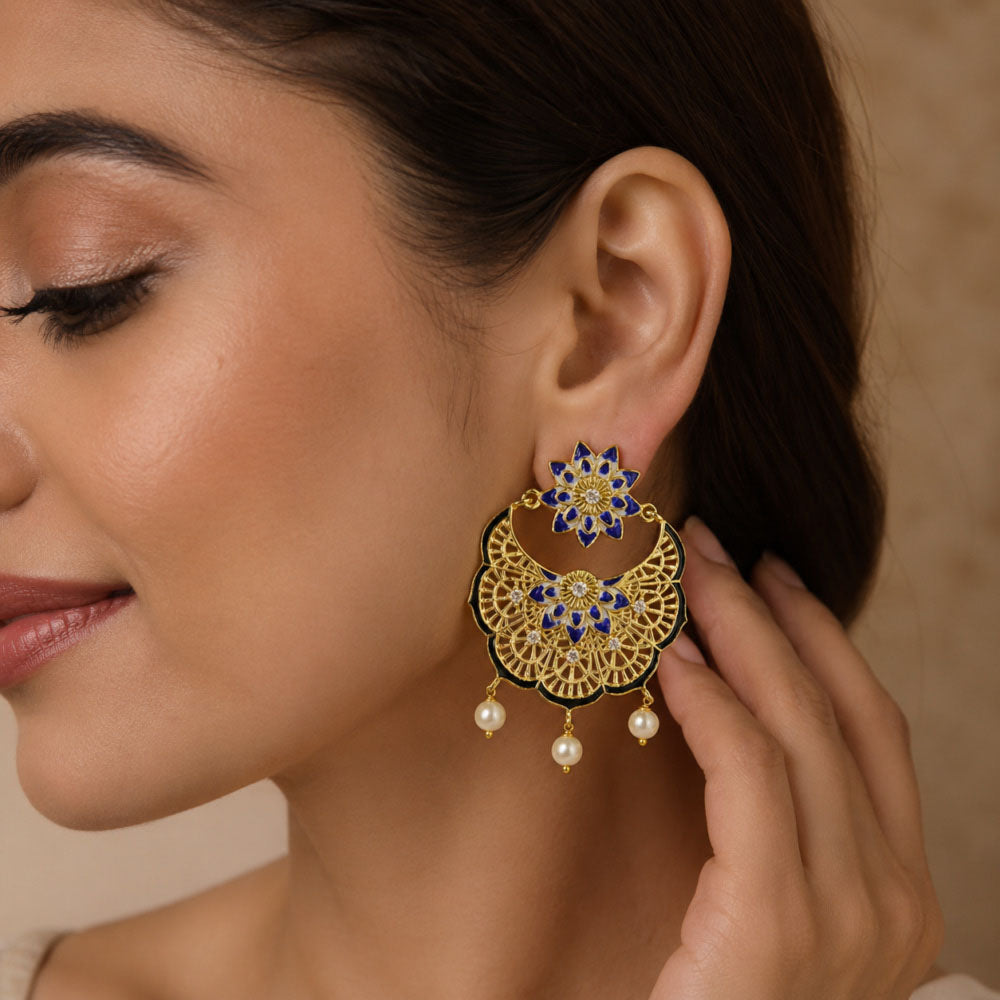 Elegant 18K Gold Plated Blue Enamel Pearl Chandbali Earrings BIE1057_A