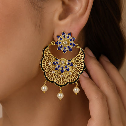 Elegant 18K Gold Plated Blue Enamel Pearl Chandbali Earrings BIE1057_A